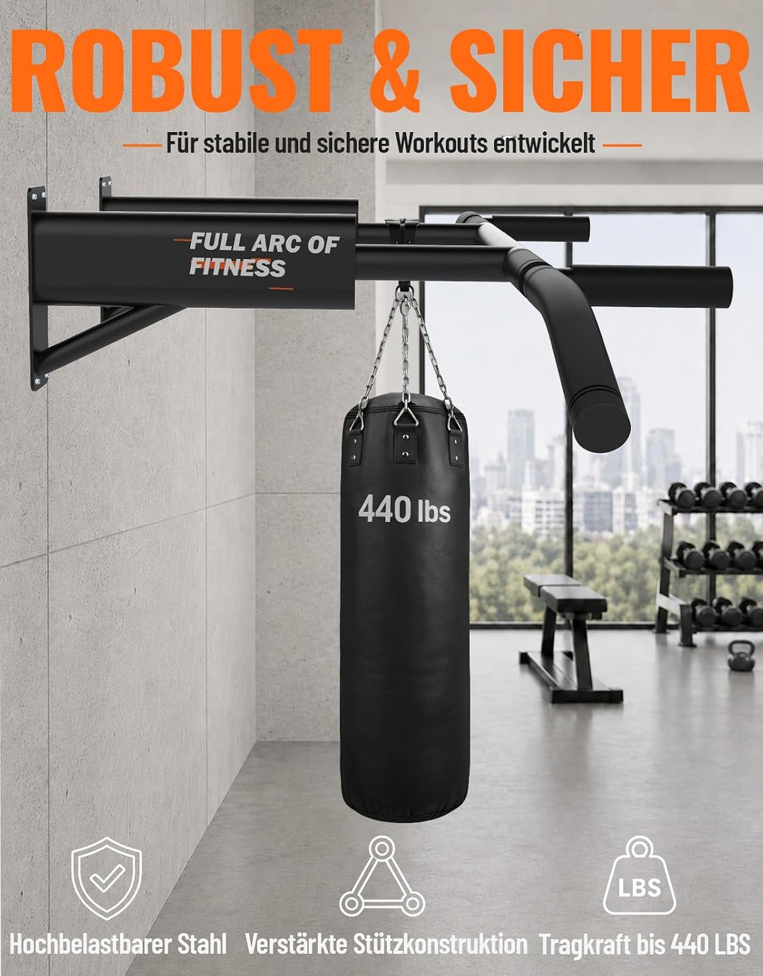 Fitarc Klimmzugstange Wandmontage, Pull Up Bar für Zuhause, robuste Klimmzugstange Wand mit Multi-Gr