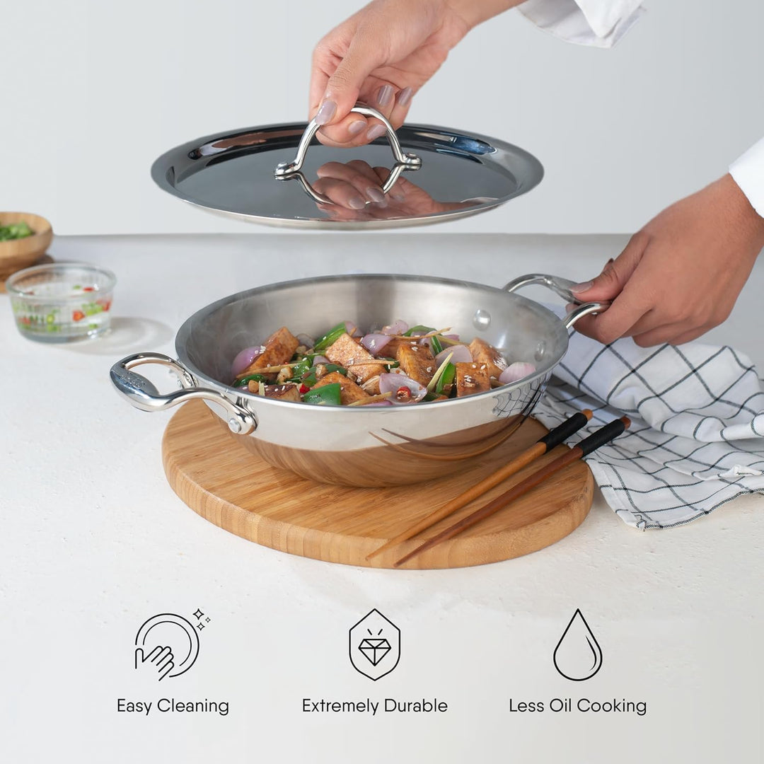 Stahl Stainless Steel Artisan Kadhai, 1-Piece, Silver (10 IN) Kadhai with Handle 26 cm, 3.3 Ltr, Kad