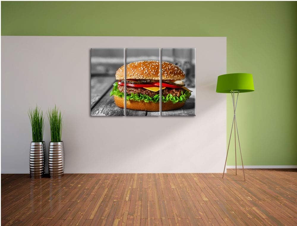 Pixxprint appetitlicher Cheeseburger als Leinwandbild | Grösse: 3 Teilig (120x80) | Wandbild| Kunstd