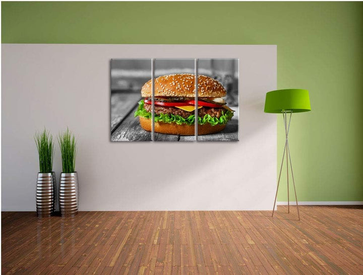Pixxprint appetitlicher Cheeseburger als Leinwandbild | Grösse: 3 Teilig (120x80) | Wandbild| Kunstd