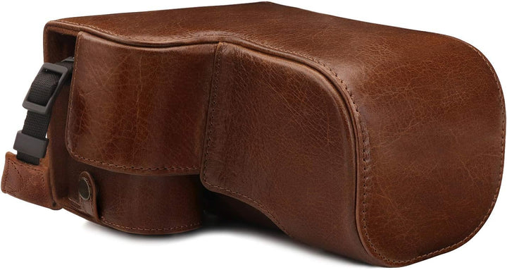 MegaGear Ever Ready Echtleder Kameratasche mit Trageriemen kompatibel mit Sony Alpha A6600 Dunkelbra