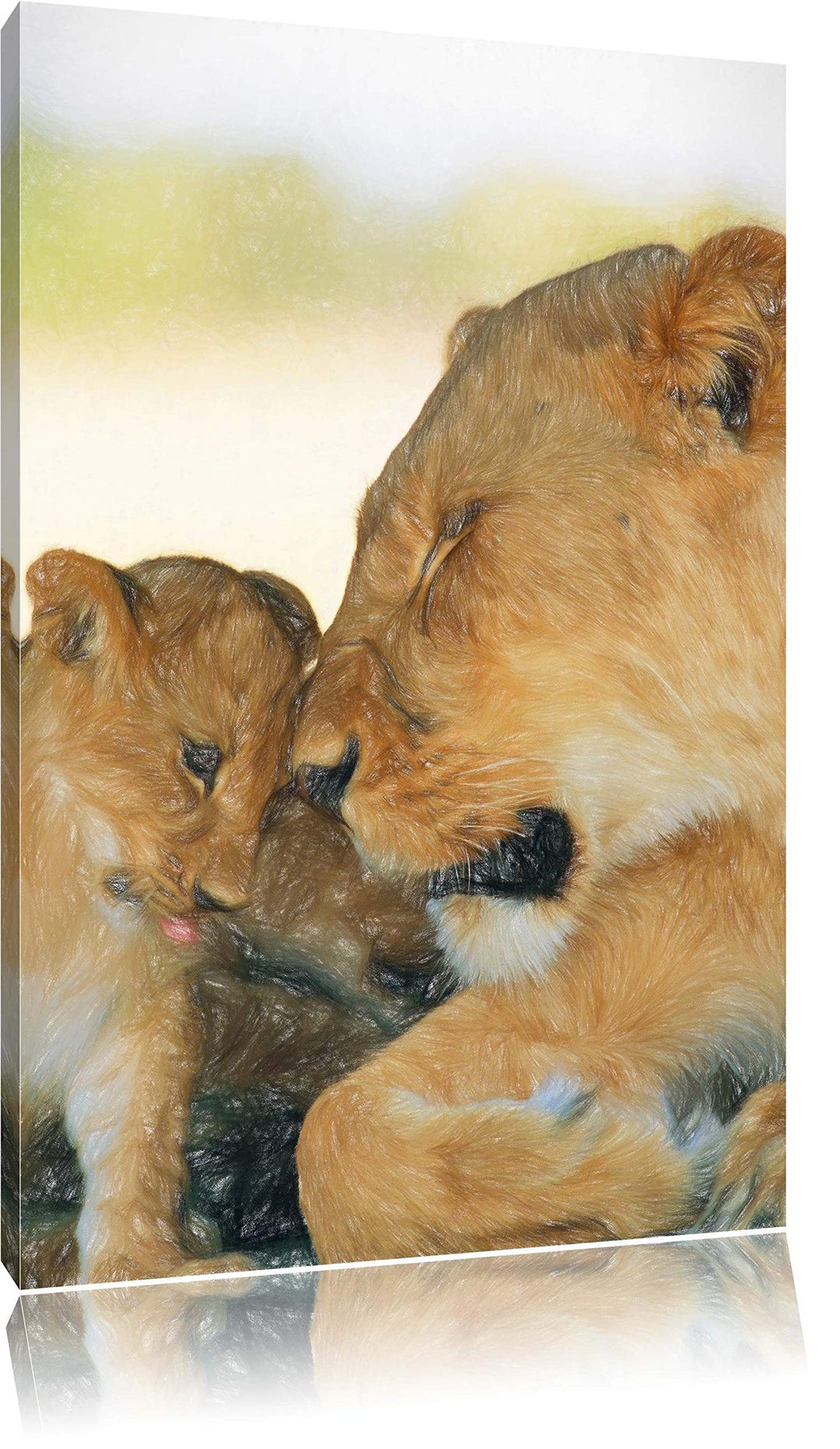 Pixxprint Löwenmutter schmusend mit Junges Bunstift Effekt, Format: 100x70 auf Leinwand, XXL riesige