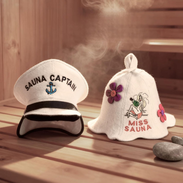 Saunahut für Damen und Herren aus Filz - Captain + Miss Sauna – Weisser Saunahut für Herren und Dame