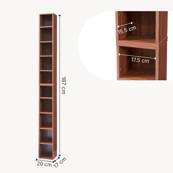 [en.casa] CD Regal Tynset DVD Regal mit 10 Ablagefächern CD Aufbewahrung 187 x 20 x 17 cm Standregal