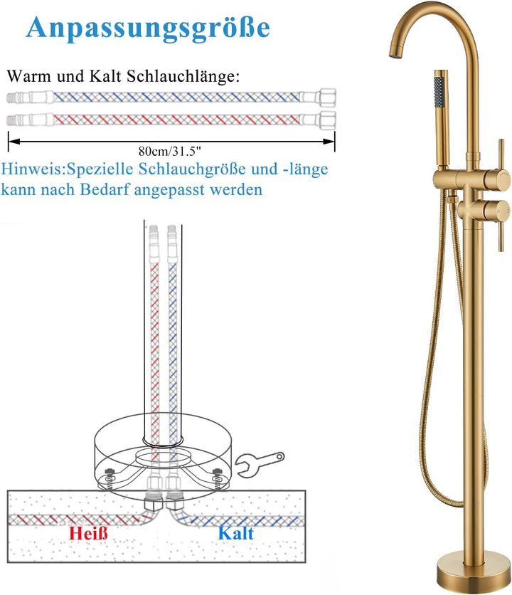 Rozin Freistehende Badewannenarmatur Gebürstetes Gold Wasserhahn Zweihebelmischer mit Handspritzgerä