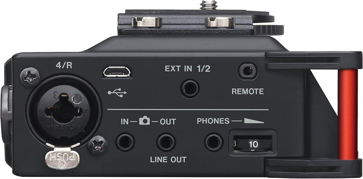 TASCAM Tragbarer 4-Kanal-Audio-Recorder für Videofilmer, 4 Kombi-XLR/TRS-Eingänge, 2 interne Mikrofo