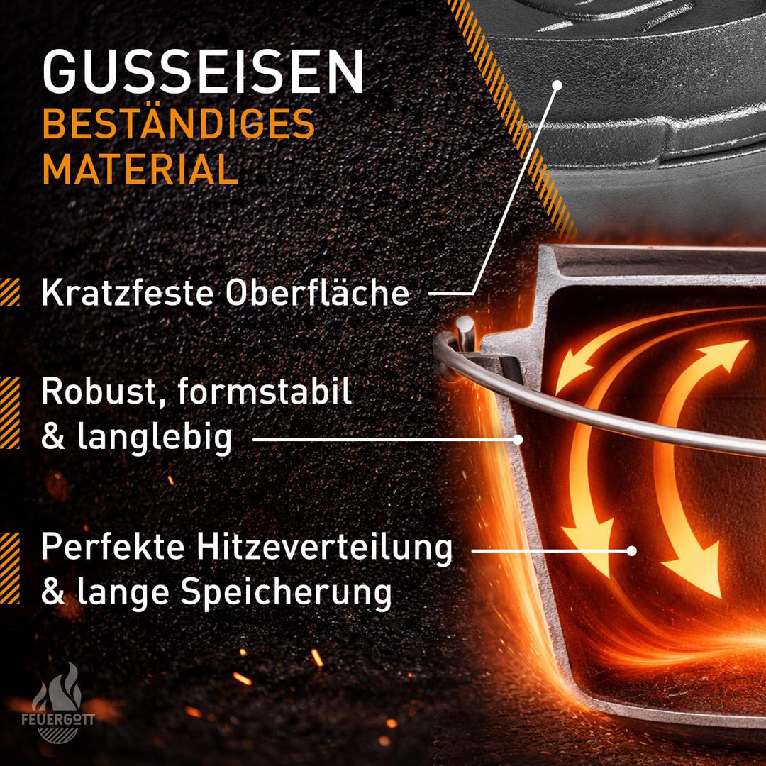 Dutch Oven Set 6,5 l ohne Füsse Gusseisen Feuertopf Schwarz mit Deckelheber Ringreiniger Transportta