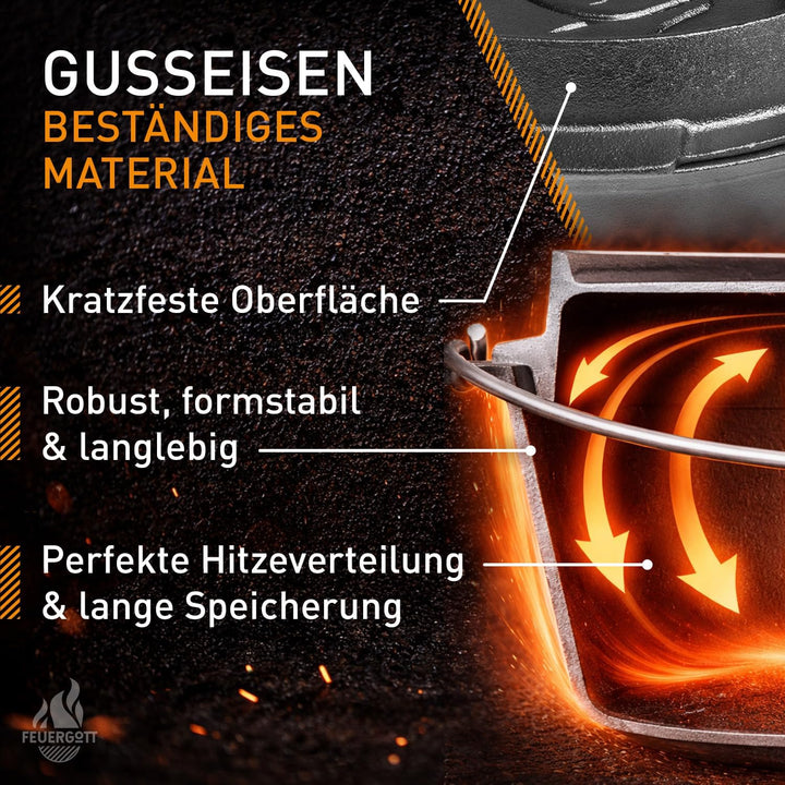 Dutch Oven Set 6,5 l ohne Füsse Gusseisen Feuertopf Schwarz mit Deckelheber Ringreiniger Transportta