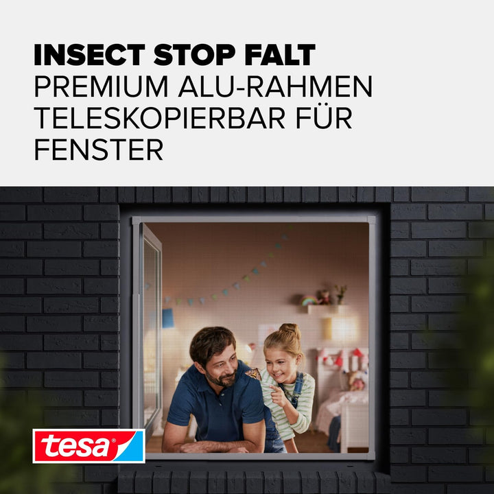 tesa Insect Stop FALT Fenster - Faltbarer Alu-Rahmen - Fliegengitter mit verstellbarem Teleskoprahme