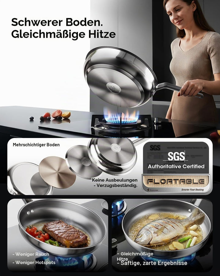 Pfannenset 3-teilig 20,5/24,5/28,5 cm, Edelstahlpfanne Unbeschichtet für alle Herdarten, Bratpfanne