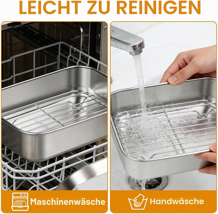 Edelstahl Auflaufform für Airfryer 20x15.3x5cm, Antihaft Backform mit Abtropfgitter & Hitzeschutzgri