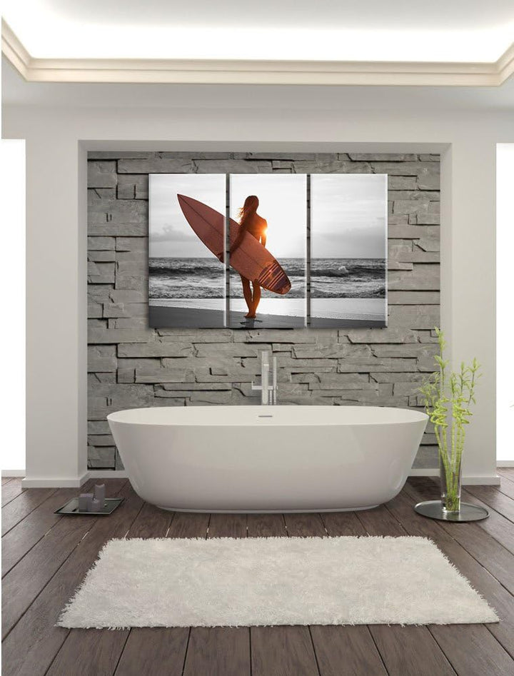 Pixxprint Surferin vor Sonnenuntergang als Leinwandbild | Grösse: 3 Teilig (120x80) | Wandbild| Kuns