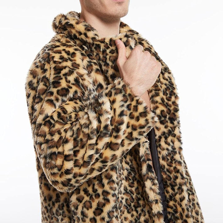 Celucke Pelzmantel Herren Lang Kunstpelz Mantel Leopard Strickjacke Reverskragen Winterjacke Warme V