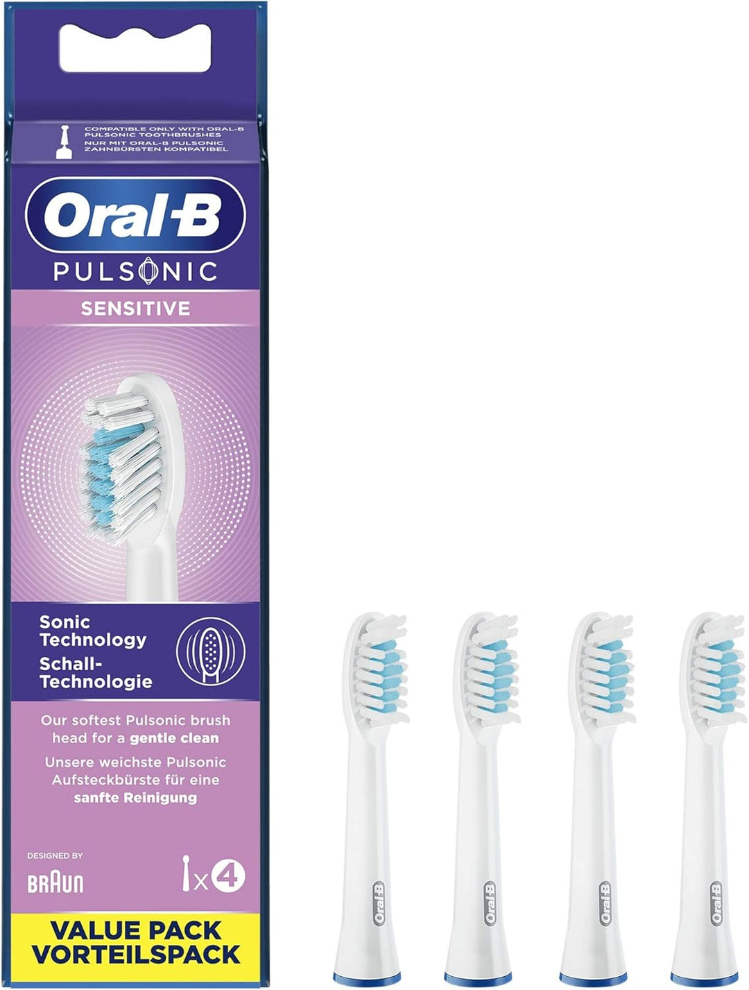 Oral-B Pulsonic Sensitive Aufsteckbürsten für Schallzahnbürsten, 4 Stück, Zahnbürstenaufsatz für Ora