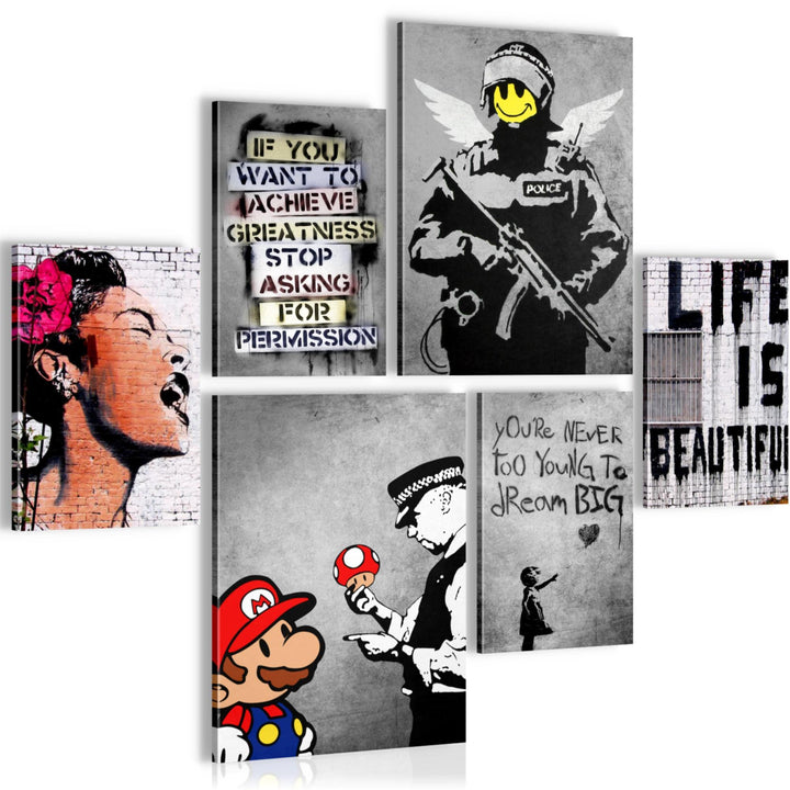 Novart Bilder Set - AUFHÄNGFERTIG - KEIN EXTRA RAHMEN BENÖTIGT - Banksy Collage Modern Street Art -