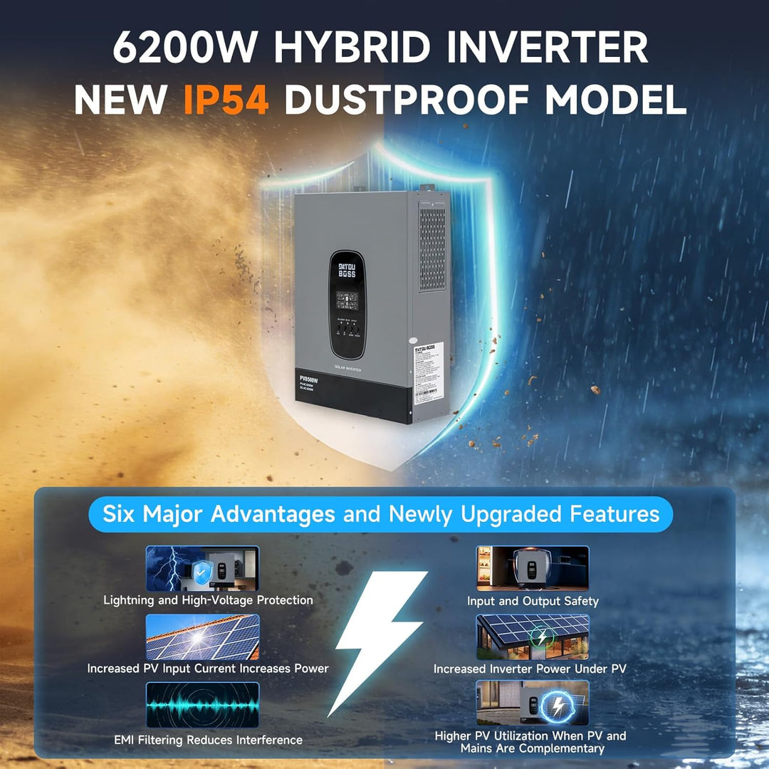 DATOUBOSS 6200W 48V Hybrid Wechselrichter Reiner Sinus, MPPT 120A, 8500W PV Eingang, 48V Lithium kom