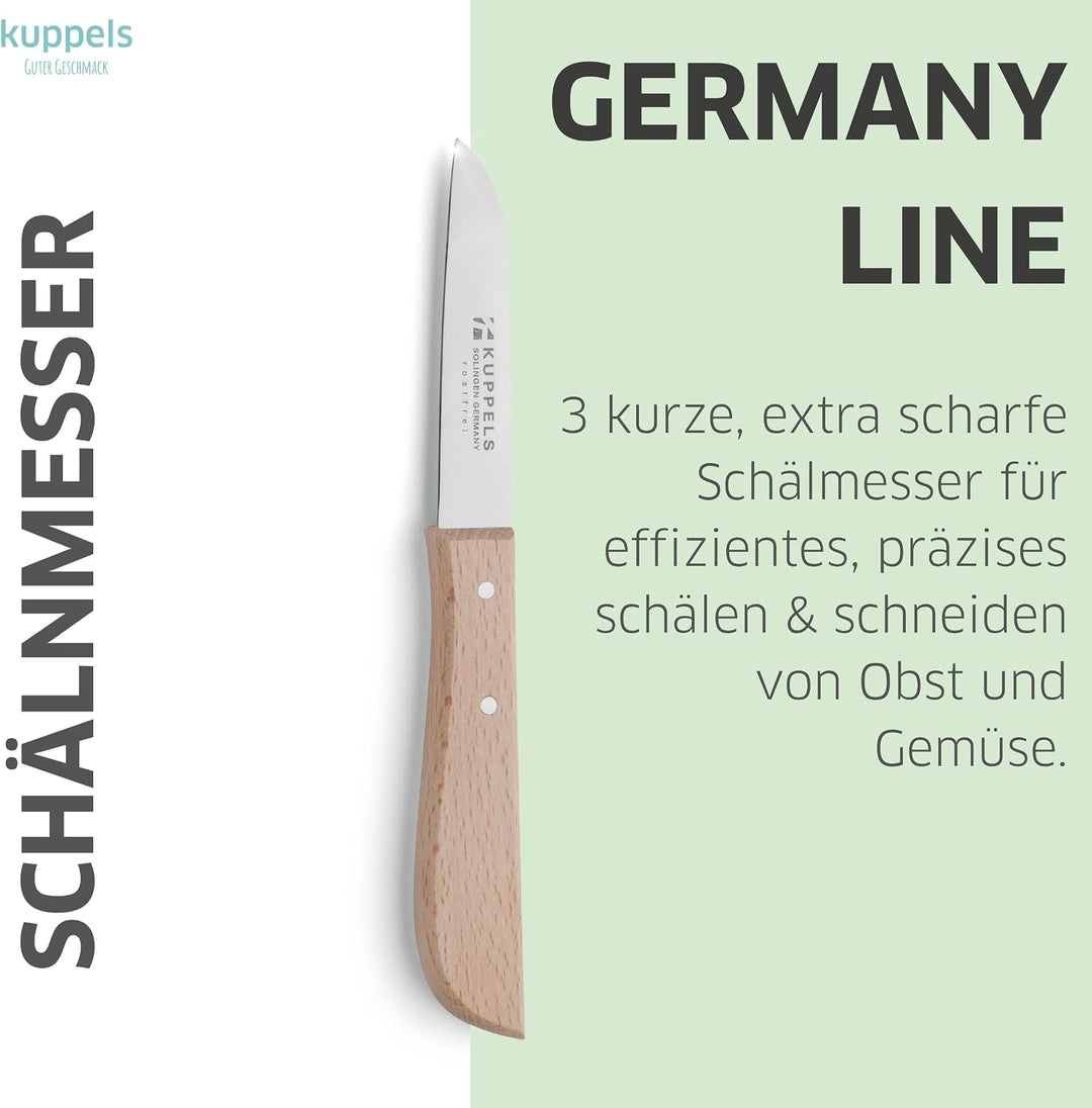 Kuppels Küchenmesser Set 3-tlg., 420HC Stahl, Buchenholzgriff | Tourniermesser, Kartoffelschäler und