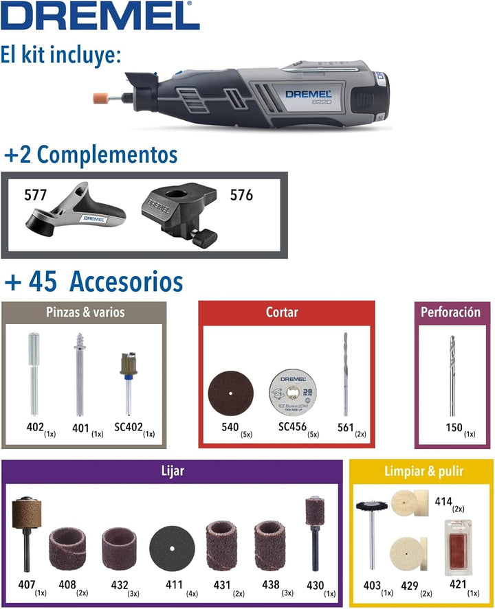 Dremel 8220 Akku Multifunktionswerkzeug 12V Set (mit 45 Zubehören und 2 Vorsatzgeräten, Variable Dre