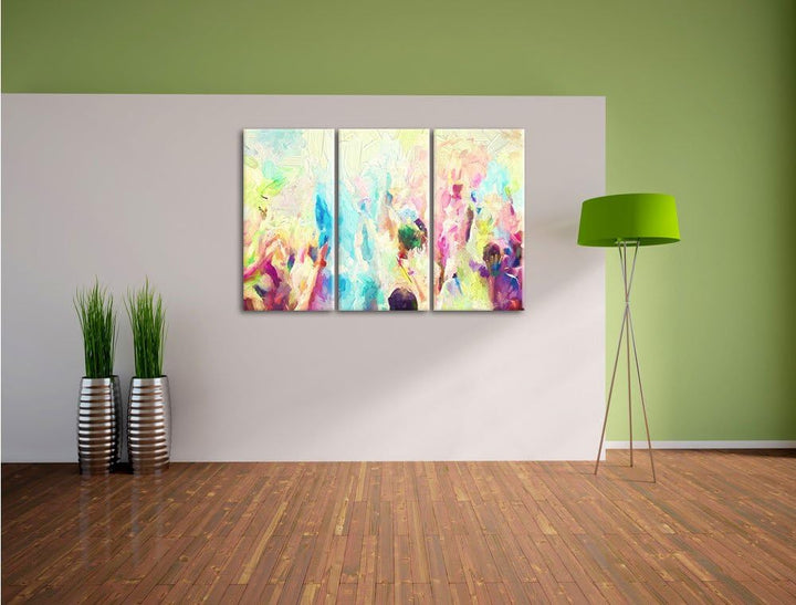Pixxprint Farben Festival, Holi Indien Pinsel Effekt 3-Teiler Leinwandbild 120x80 Bild auf Leinwand