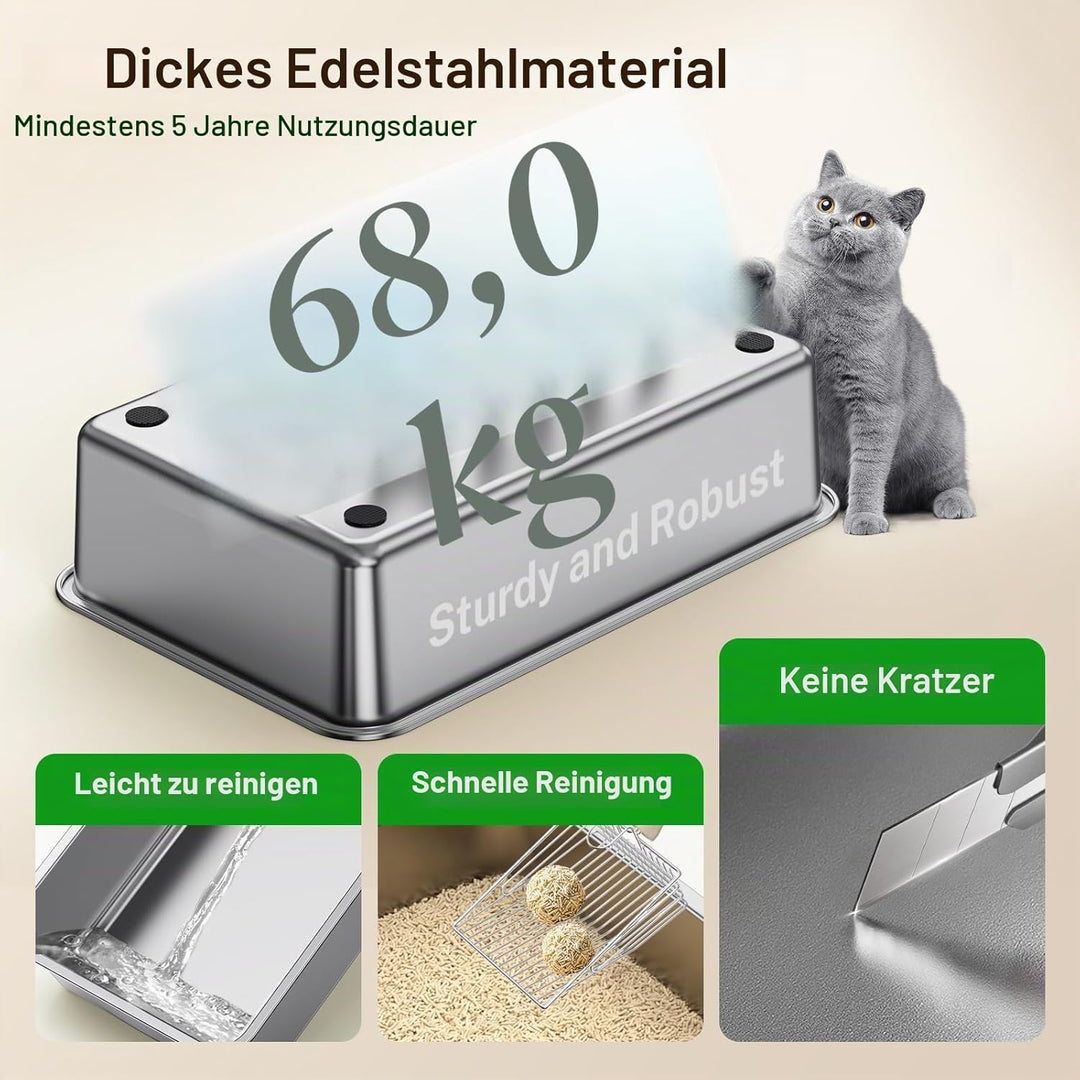 PKBD XXL Katzenklo Edelstahl, 60x40x30cm, 32L mit Abnehmbarer Abdeckung und Auslaufsicherer Hoher Ra