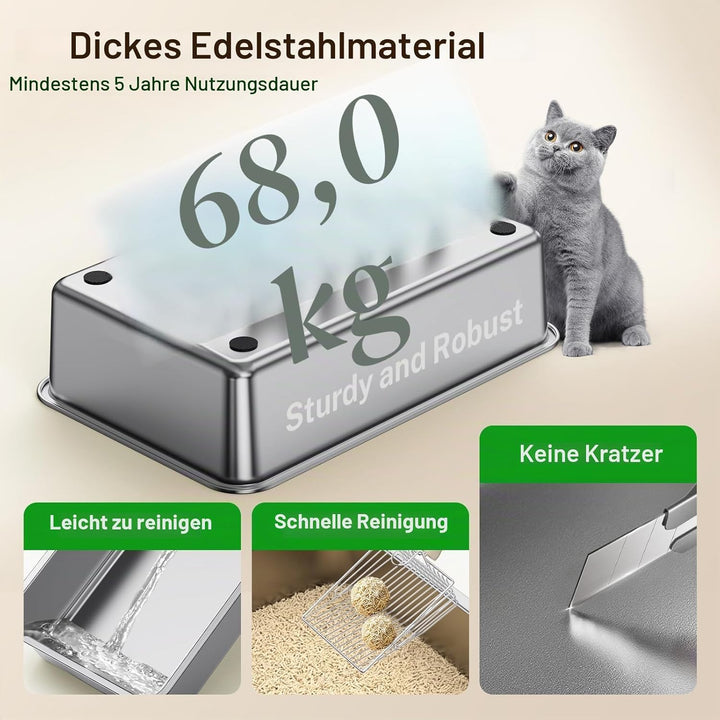 PKBD XXL Katzenklo Edelstahl, 60x40x30cm, 32L mit Abnehmbarer Abdeckung und Auslaufsicherer Hoher Ra