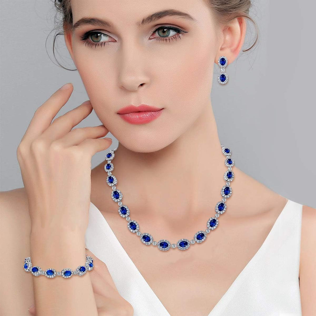 EVER FAITH Damen CZ Hochzeit Braut Oval Teardrop Halskette Ohrringe Armband Set Silber-Ton Blau Silb