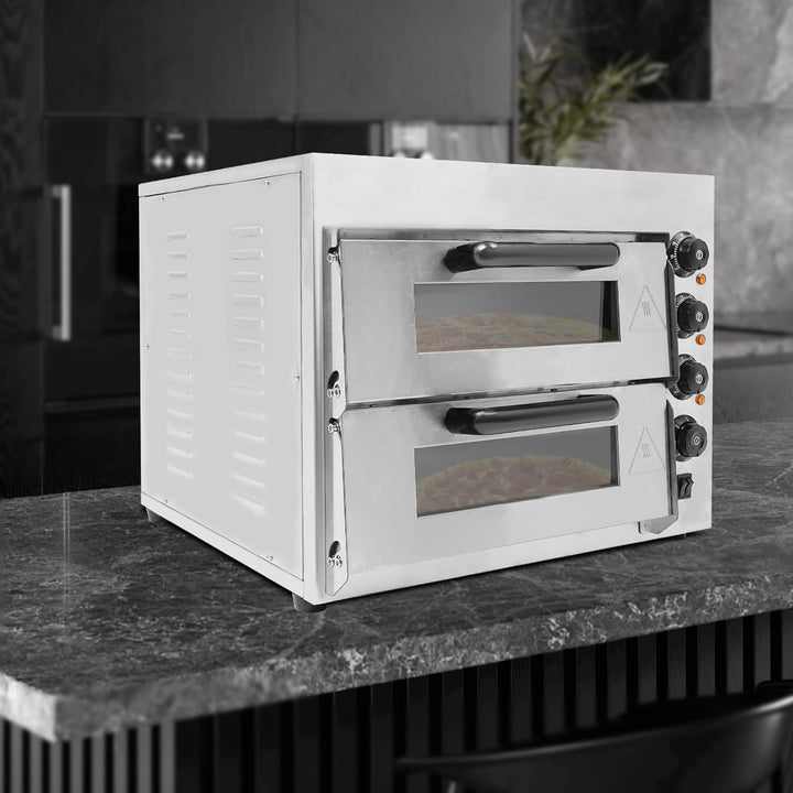3000 W Elektrisch Pizzaofen aus Edelstahl mit Temperaturregelung, 2 Etagen Multifunktionsofen Pizza-