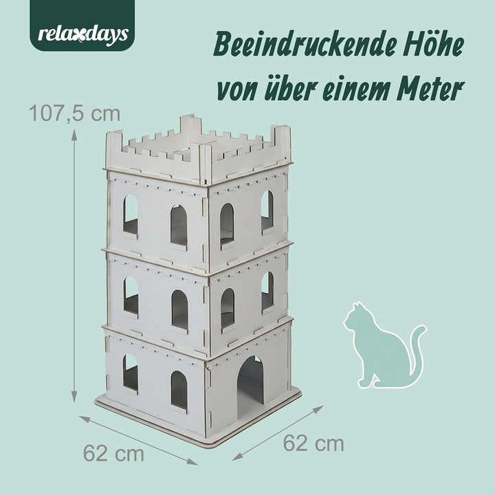 Relaxdays Katzenburg, 3 Etagen, Katzenschloss, Papphaus zum Bemalen, Stecksystem, HBT: 107,5x62x62 c