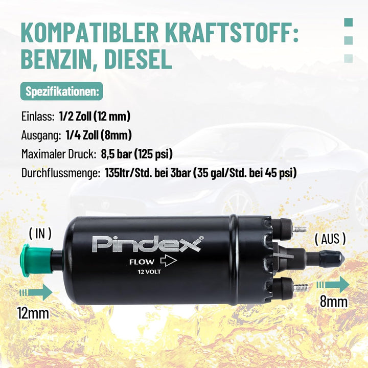 Pindex Elektrische Kraftstoffpumpe 12V 0580464070, elektr. Hochdruckkraftstoffpumpe mit Dämpferhalte