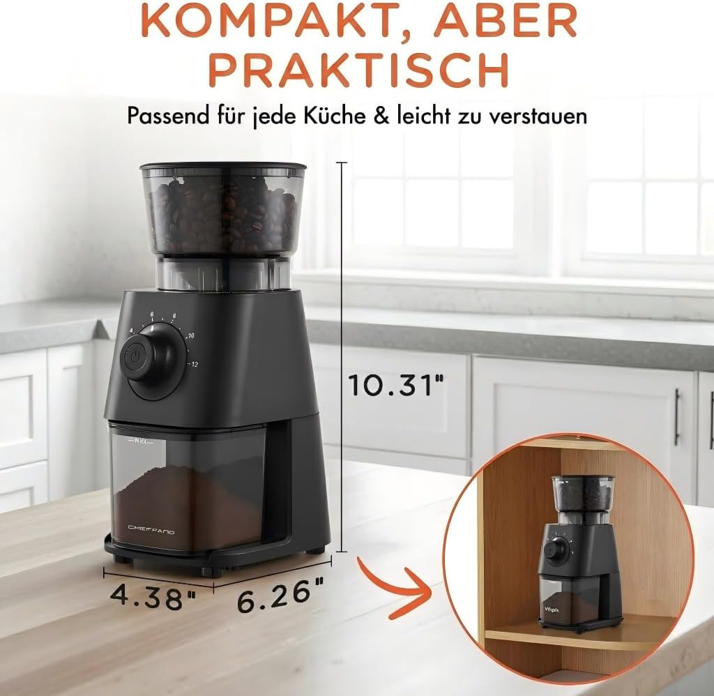 CHEFFANO Elektrische Kaffeemühle mit Kegelmahlwerk, 150W Kaffeebohnenmühle mit 30 Mahlgraden, Kaffee