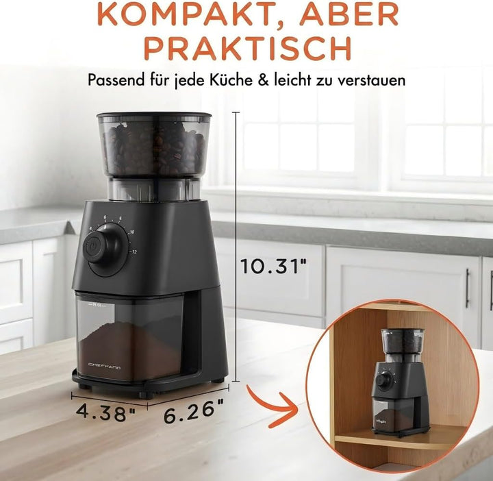 CHEFFANO Elektrische Kaffeemühle mit Kegelmahlwerk, 150W Kaffeebohnenmühle mit 30 Mahlgraden, Kaffee