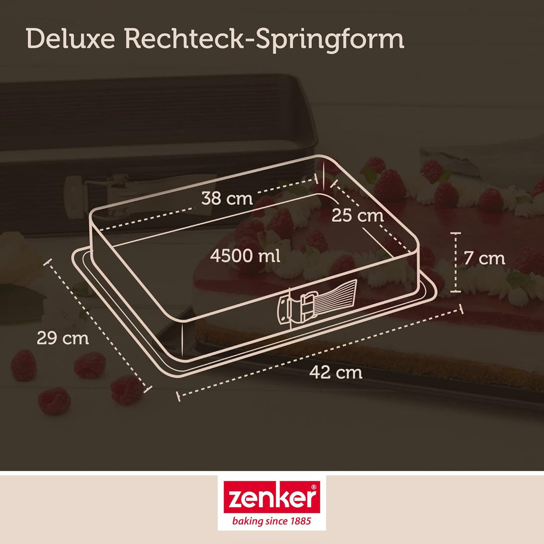 Zenker 7022 Rechteck-Springform DELUXE, eckige Premium-Backform mit emailliertem Boden und Auslaufsc