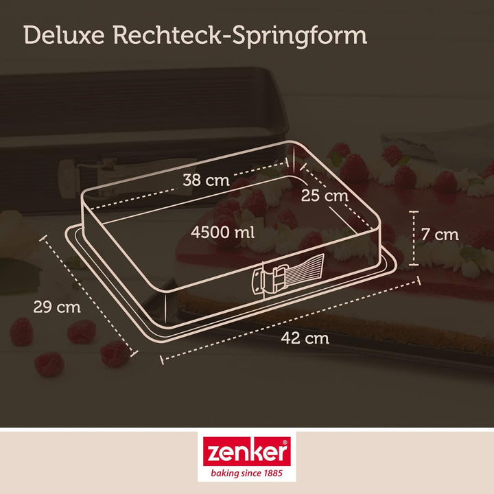 Zenker 7022 Rechteck-Springform DELUXE, eckige Premium-Backform mit emailliertem Boden und Auslaufsc