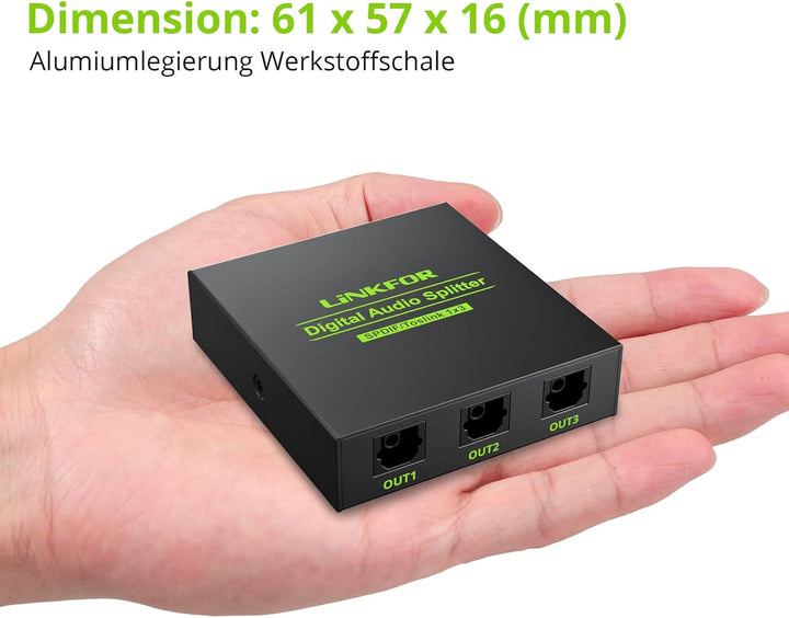 LiNKFOR Toslink Splitter 1x3 Optischer Splitter Digitaler Audio Splitter mit 3 Anschlüssen SPDIF Alu