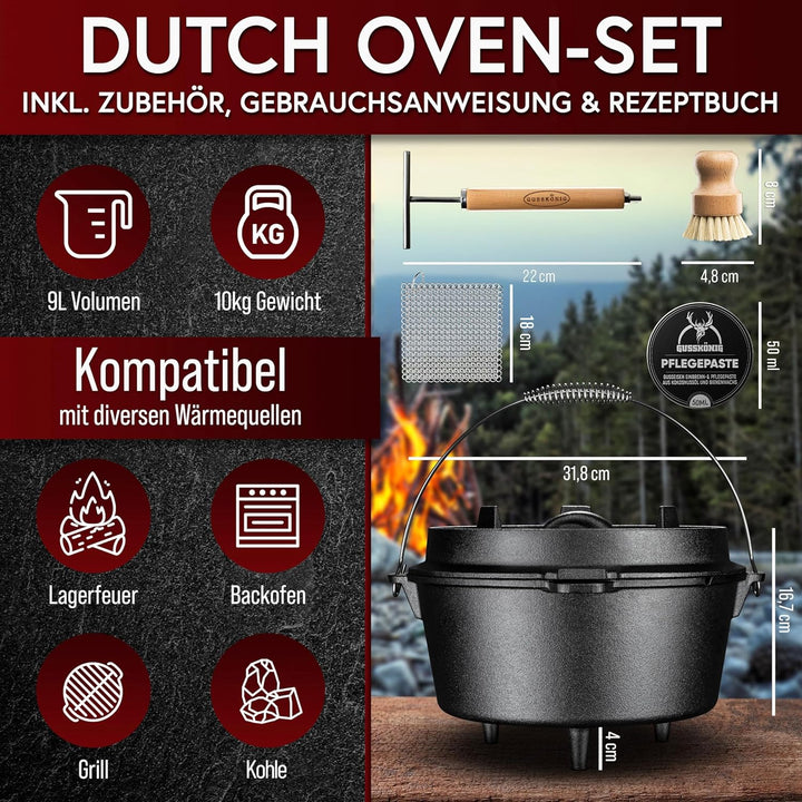 Dutch Oven Set–Eingebrannter Dutch Oven 9L [6–10 Person]–Feuertopf Gusseisen mit Füssen–Schmortopf D