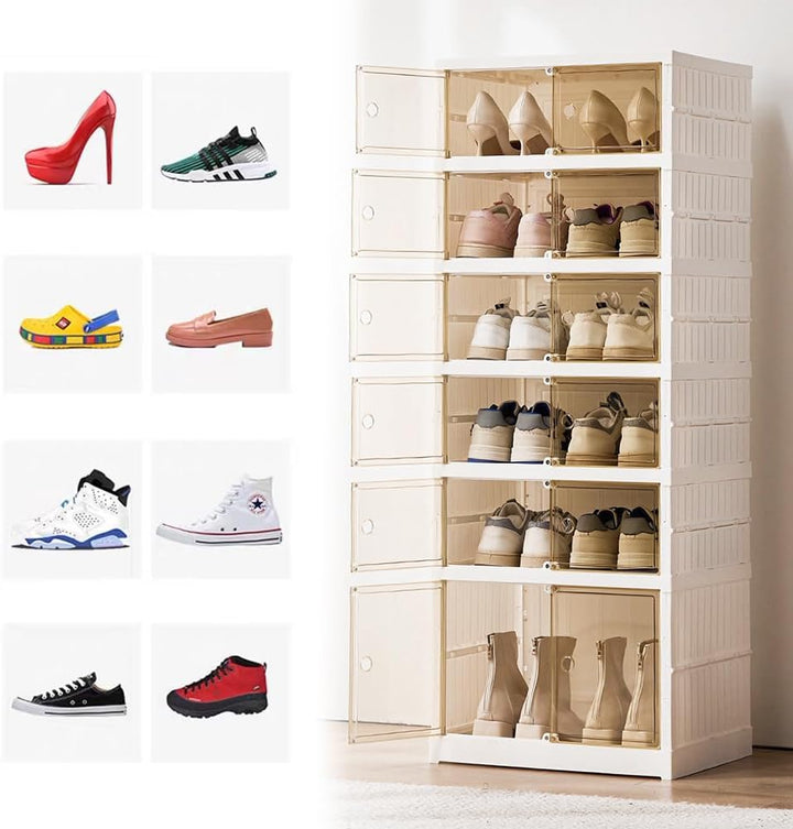 OHMG 6 Lagen Schuhboxen, Aufbewahrungsboxen für Schuhe, aus Kunststoff, transparent, stapelbar, falt