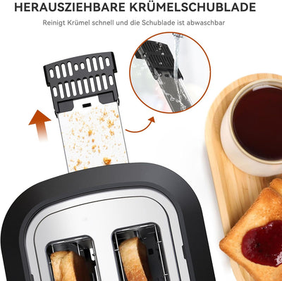 KitchenBoss Toaster 2 Scheiben：Toaster mit Brötchenaufsatz und Krümelschublade, 6 Bräunungsstufen, T