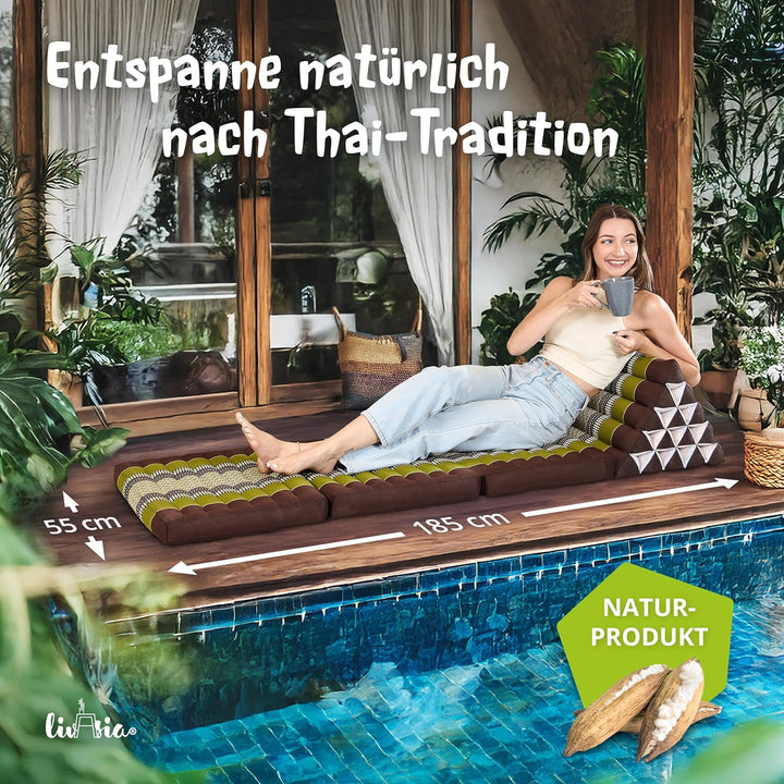 livasia Thaikissen 3 Auflagen extrahoch - 185x55x8cm - Dreieckskissen mit Klappmatratze, Kapok, Jumb