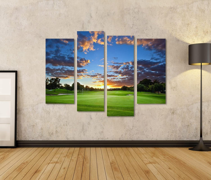 islandburner Bild auf Leinwand Sonnenuntergang über Golfplatz Atemberaubende Farben Wandbild Poster