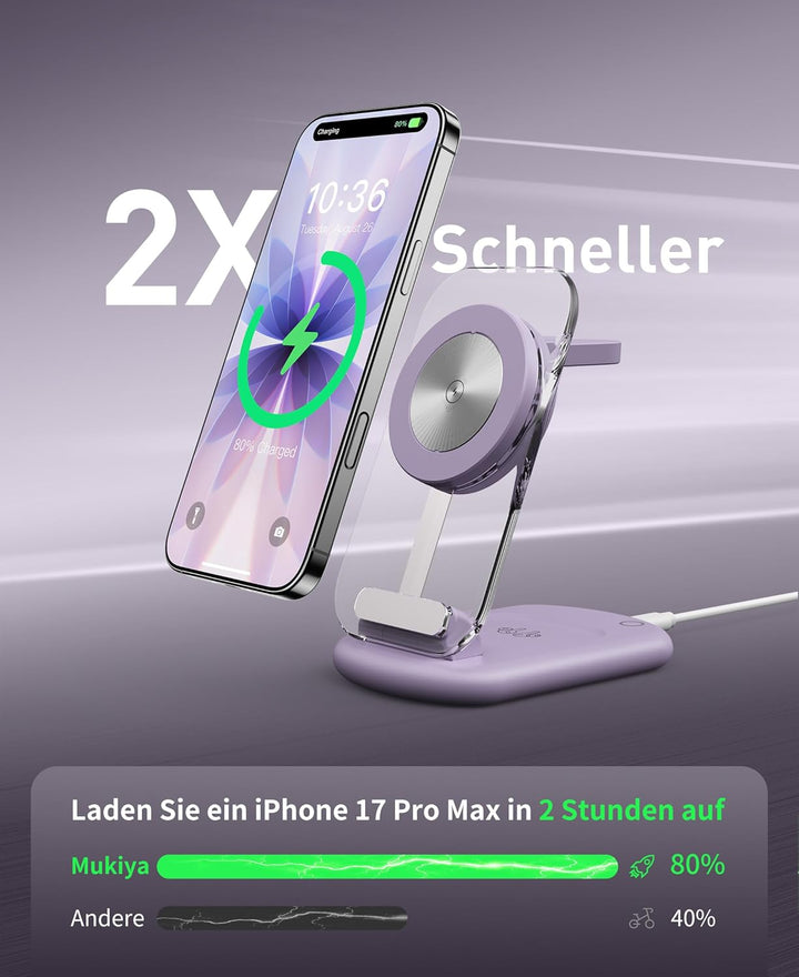 Mag Safe Ladegerät, Ladestation Apple Watch und iPhone, 3 in 1 Ladestation Kompatibel mit iPhone 17