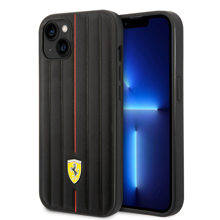 Ferrari Handyhülle für iPhone 14 Plus in Schwarz geprägten Streifen Schutzhülle Leder Strapazierfähi