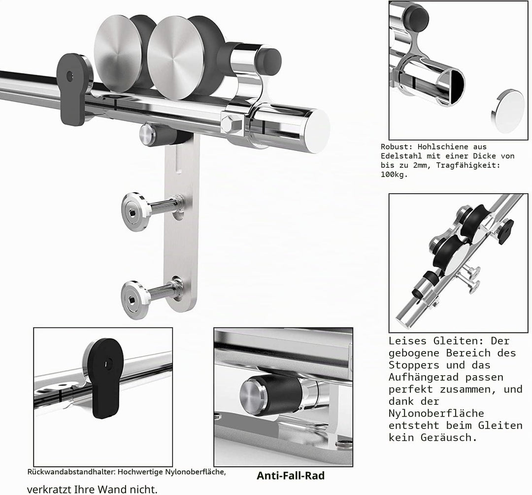 WOLFBIRD Schiebetürbeschläge Edelstahl 152cm Schiebeschiene Komplettes Rollschienenset Heavy Duty St