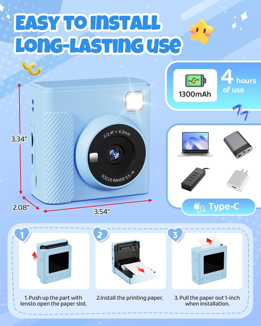 Kinderkamera Sofortbildkamera, 2,4 Zoll Sofortbildkamera Kinder mit 32G Karte und Fotopapier Drucken