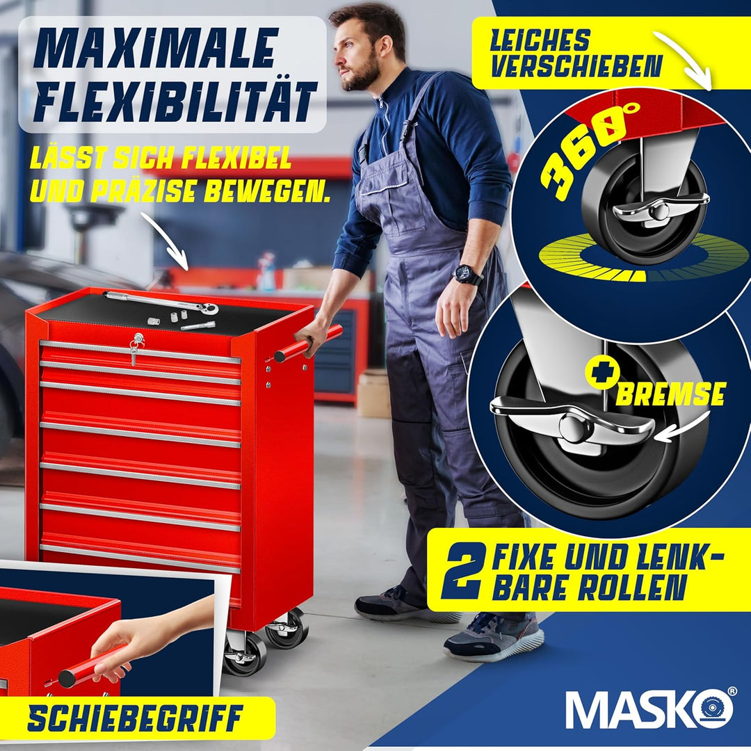MASKO® Werkstattwagen - 7 Schubladen, rot | Abschliessbar | Massives Metall | Mobiler Werkzeug-Wagen
