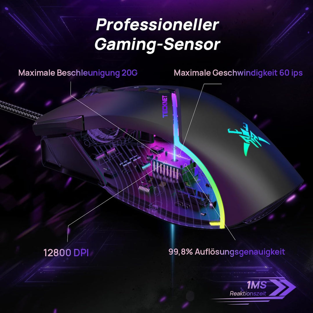 TECKNET Kabelgebundene Gaming Maus, Treibereinstellung 6 Stufen (12800-1200) DPI Mouse mit optischem