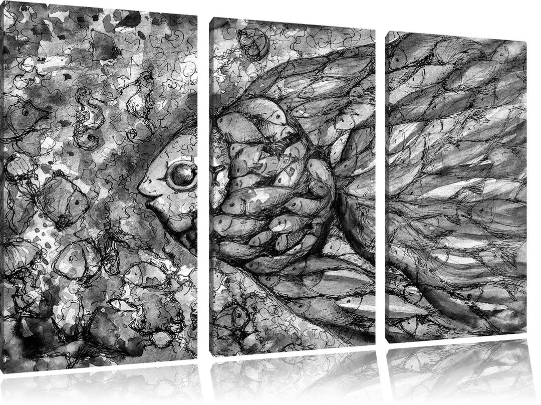 Pixxprint Bunte Fische Kunst als Leinwandbild | Grösse: 3 Teilig (120x80) | Wandbild| Kunstdruck | f
