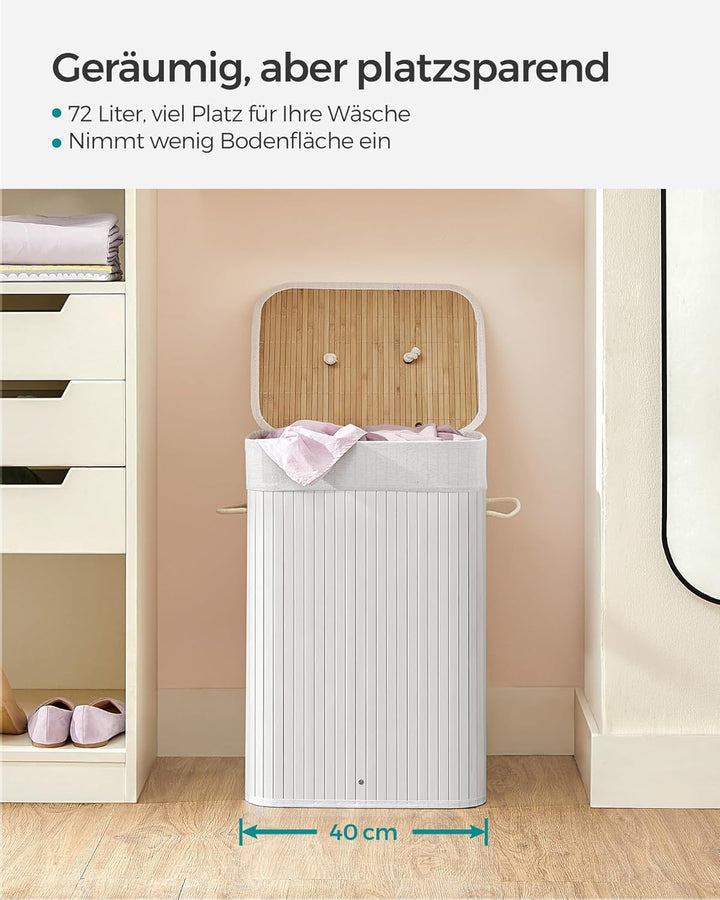 SONGMICS Wäschekorb mit Deckel, 72 l, Wäschekorb aus Bambus, faltbar, mit abnehmbarem waschbarem Wäs