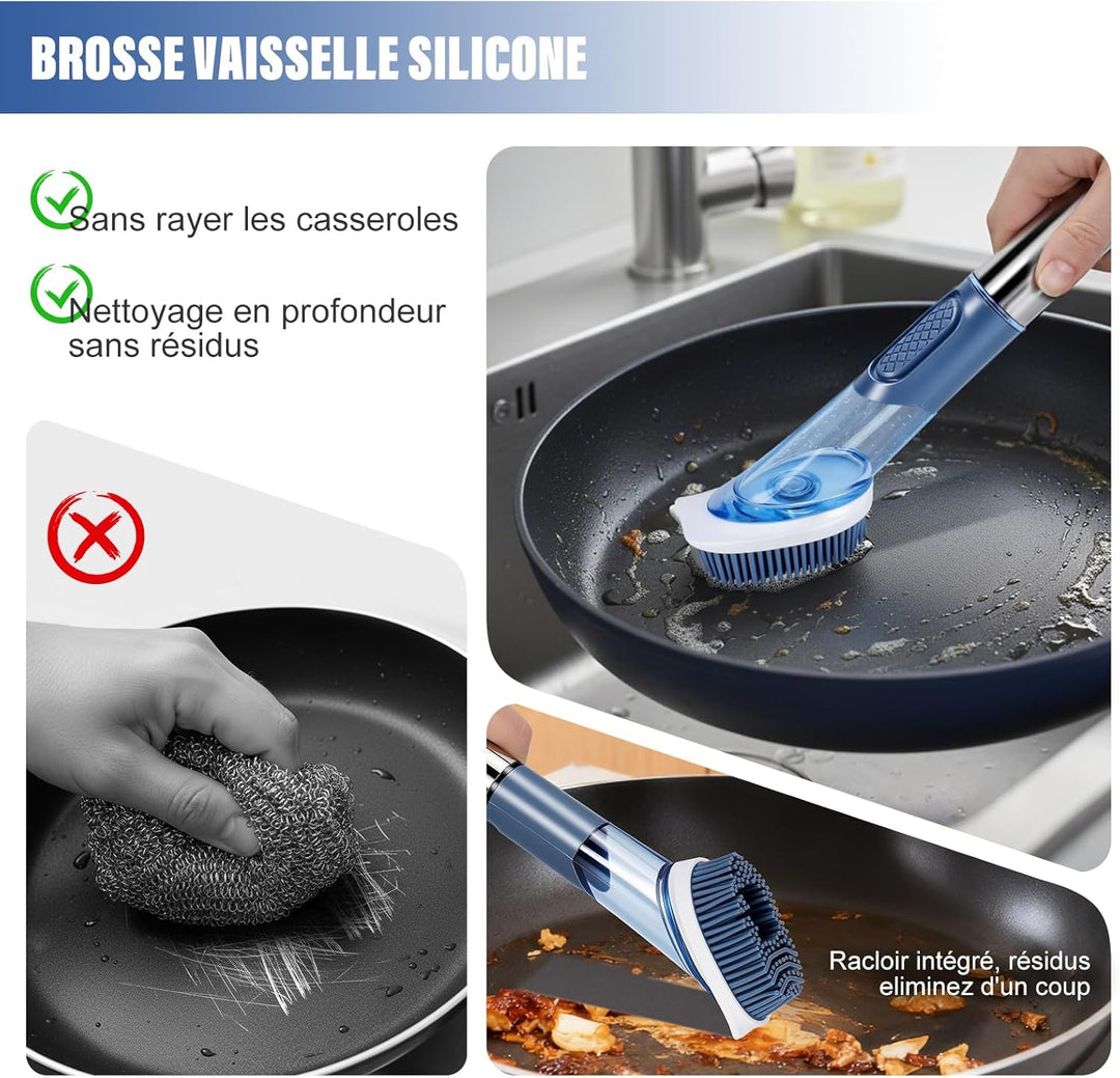 Zvonema Spülbürste mit Spender, 27 cm, Spülbürste mit langem Griff, mit 4 Ersatzköpfen, langlebig un
