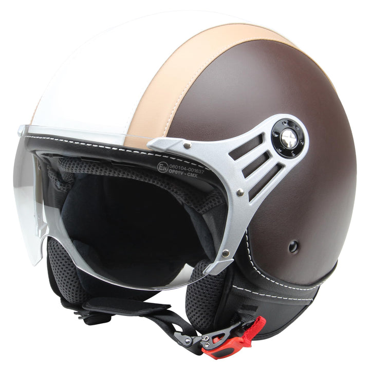 Motorradhelm Jethelm Rollerhelm CMX Chap weiss beige mit Leder braun in Grösse S