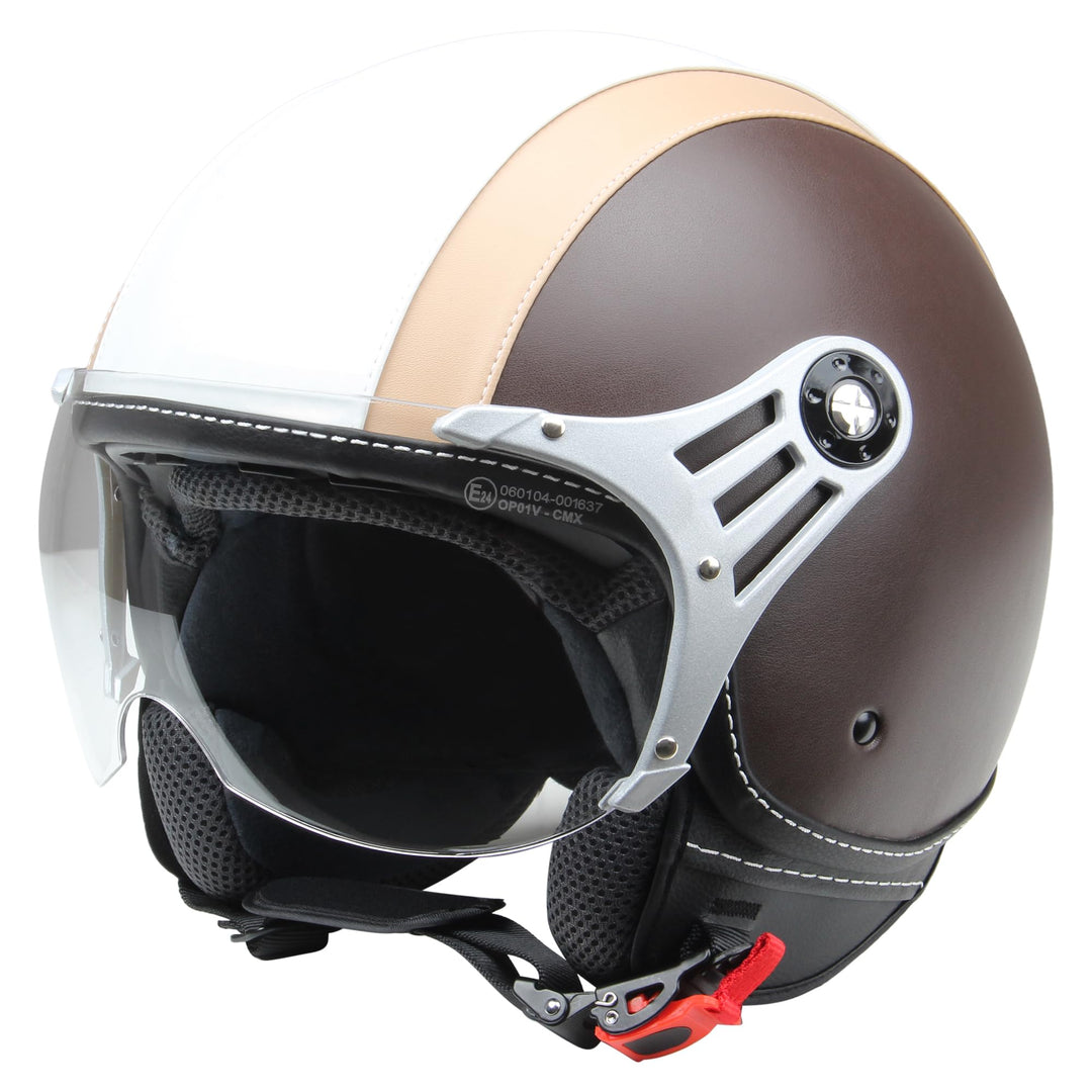 Motorradhelm Jethelm Rollerhelm CMX Chap weiss beige mit Leder braun XL
